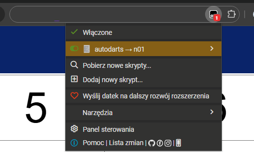 Menu Tampermonkey ze skryptem autodarts do n01 jako włączonym