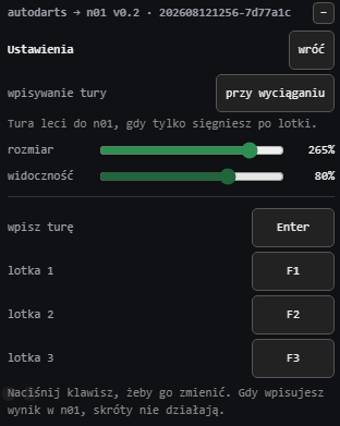 Ustawienia panelu: tryb wpisywania, suwaki rozmiaru i widoczności, skróty